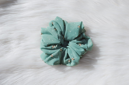 Greenish Blue Polka Dots & Flowers Scrunchie